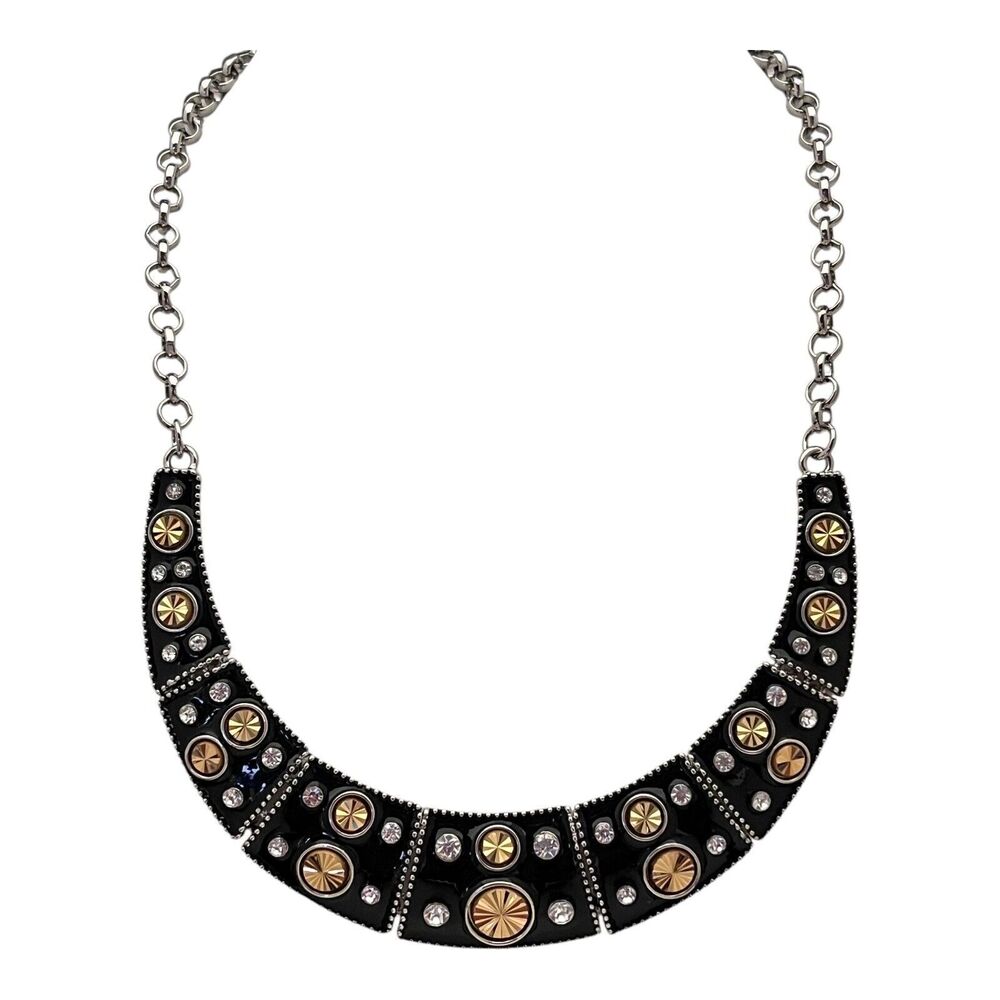 New Enamel Statement Necklace Silver Black Enamel Gold Accents Crystals - 11X